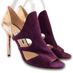 New $976 Jimmy Choo Tarine Suede Cutout Bootie Heels - Gold, Purple - Size 38 Condition: Brand New With The Dust Bag. The Original Retail Price Is $895+Tax. There Are Some Scratches, Please See Photos For Details. Size: 38 Measurements: Insole: 9 1/2" Width: 3" Heel Height: 4" Material: Leather And Suede Origin: Italy Chic Purple Heels For Gala, Luxury Purple Open Heel Heels, Designer Purple Open Toe Heels, Luxury Purple Heels With 4-inch Heel, Designer Purple Open Heel Heels, Purple Pointed Toe Heels For Gala, Elegant Purple Open Heel Shoes, Luxury Purple Pointed Toe Heels, Designer Open Heel Purple Heels