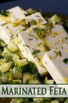 there is a plate with tofu and vegetables on it, along with the words marinated feta