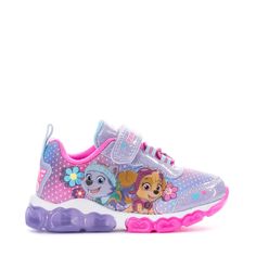 Engineered for fun, smiles, and all-day play. The Paw Patrol toddlers' athletic shoes are lined with a comfortable soft fabric, cushioned with a comfortable midsole, and have a rubber sole with a bumper toe for durability. Nothing can stop your toddler from enjoying their day with these cute athletic shoes on their feet. Hook-and-loop strap closure with an elastic front. Textile and synthetic upper. Soft fabric lining. Heel pull-tab. Bumper toe. Cushioned insole. Molded translucent midsole. Rubb Non-slip Textile Sneakers For Sports, Multicolor Non-slip Synthetic Running Shoes, Playful Non-slip Synthetic Sneakers, Synthetic Running Shoes With Studded Outsoles For Jogging, Purple Synthetic Running Shoes With Rubber Sole, Non-slip Synthetic Low-top Walking Shoes, Fun Sneakers With Rubber Sole, Playful Non-slip Sneakers For Sports, Playful Non-slip Sports Sneakers