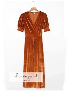 Orange Rust Velvet Warp Short Flare Puff Sleeve Midi Dress Puff Sleeve Midi Dress, Button Style, Patterns In Nature, Solid Dress, Green Velvet, Skirt Length, Ankle Length, Season Spring, Style Vintage