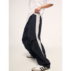 Loose Retro Color-Block Sports Wide-Leg Pants Material: 100%Polyester Size: S, M, L, XL Color: Navy Blue, Purple Applicable Scene: Leisure, Daily, Vacation Stretch Wide Leg Color Block Bottoms, Stretch Wide Leg Bottoms With Color Block, Blue Wide Leg Bottoms With Contrast Color, Baggy Full-length Cargo Pants For Sports, Baggy Full Length Cargo Pants For Sports, Baggy Wide-leg Sports Pants, White Athleisure Bottoms With Contrast Color, White Wide-leg Gym Bottoms, White Wide Leg Gym Bottoms