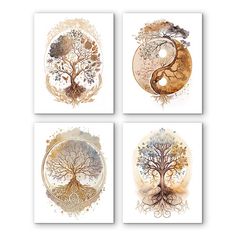 four paintings with different designs on them, each featuring a tree and yin - yang symbol