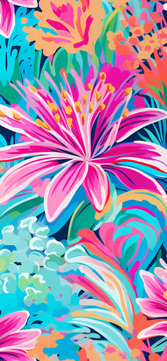 an abstract floral background with pink flowers and leaves on blue, green, red, orange and white colors