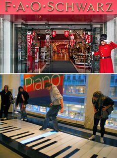 people are standing in front of a store with piano keys on the floor and an advertisement for piao - schwaz