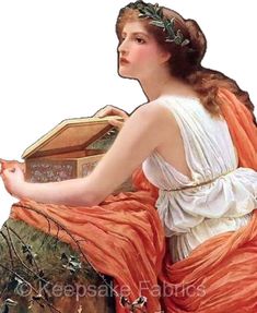 a painting of a woman in an orange dress sitting on a rock holding a bird house