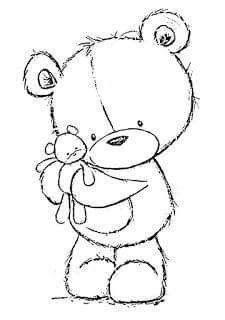 a black and white drawing of a teddy bear holding a stuffed animal in its paws