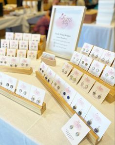 Wooden display stands for earrings, market set up for my hand made jewellery Diy Wood Earring Display, Ear Ring Display Ideas, Earring Display Stands For Selling, Diy Earring Card Display, Craft Show Earring Display Ideas, Craft Fair Earring Display