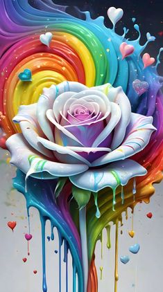 a painting of a white rose with rainbow swirls and hearts