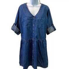 Speed Control New York Womens Blue Denim Roll Tab Sleeve Shirt Dress Size L New With Tags See Photos For Measurements. 034 Casual Indigo Denim Dress With Buttons, Casual Indigo Denim Dress With Button Closure, Casual Washed Indigo Denim Dress, Casual Long Sleeve Denim Dress For Daywear, Dark Wash Denim V-neck Dress With Pockets, Casual V-neck Denim Dress With Pockets, Casual Indigo Denim Dress, Casual Medium Wash V-neck Denim Top, Casual V-neck Denim Top In Medium Wash