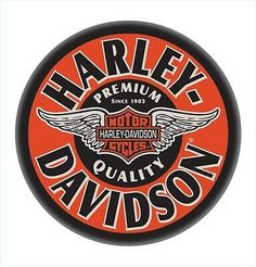 the harley davidson logo is shown on an orange and black circle that reads harley davidson