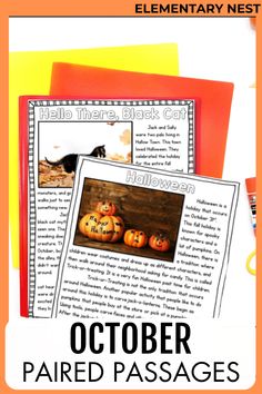 an orange and white photo with the words october paired passages in front of it, along with pictures of pumpkins