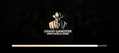 the grand gangster open world game logo is shown in black and gold colors, with an image of a man wearing a hat