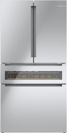 a stainless steel refrigerator freezer with two doors and three shelves on each side, in front of a white background