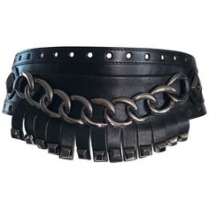 Chic brand new early 2000s vintage Michael Kors Collection black leather and gunmetal chainlink wide belt! Features gunmetal chains on the middle, with leather fringe detail at bottom, with gunmetal stud details. Can be worn in the front or back. The perfect accessory to take any outfit to the next level! Made in Italy Size Small / Medium Measurements: 24-29 inch waist Fringe Belts, Diy Leather Belt, Belt Gray, Studded Belts, Fringe Belt, Thick Belt, Belt Chain, Fringed Belt, Wide Leather Belt