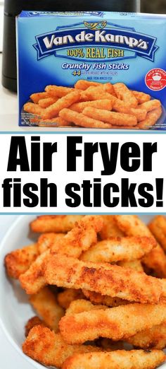 air fryer fish sticks in a white bowl next to a box of fried fish sticks