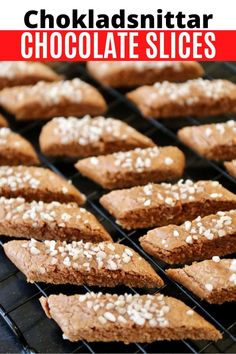 chocolate slice cookies cooling on a grill with text overlay that reads, chokadsnittar chocolate slices