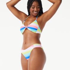 Love & Sports Ombr Stripe Rainbow Bikini Swimsuit. Blue White Yellow Pink Blue. Halter Tie Top Light Pads. Classic Coverage Bottom. Size Xlarge . New With Tags Lcw Bin Bb121 Sporty Multicolor Swimwear For Sunbathing, Sporty Multicolor Tankini For Poolside, Multicolor Sporty Swimwear, Sporty Pink Swimwear For Sunbathing, Sporty Pink Swimwear, Sporty Multicolor Triangle Top Swimwear, Cupshe Swimwear, Halter Tie Top, Cupshe Bikinis