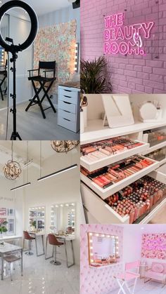 Check out kaylacarrodusnz's Shuffles Makeup Studio Inspo Make Up Artist Room Decor, Mini Makeup Studio Ideas, Make Up Artist Studio Decor, Beauty Studio Interior Ideas, Home Based Makeup Studio, In Home Makeup Studio, Mini Makeup Studio At Home, Makeup Artist Office, Makeup Artist Studio Design