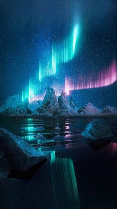 the aurora lights are reflected in the water