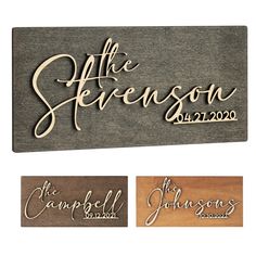 three wooden signs that say the name of each family