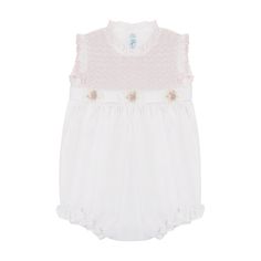 Do you love that timeless, vintage look for your baby girls layette? This adorable spring romper is as classy as can be, just the right thing for her this season!  Intricate hand-stitched details Features a chevron smocked bodice with a scalloped ruffle trim, rosebud bullions, and basket weave ribbon A lightweight sleeveless romper to keep her nice and cool this spring! Toddler Wedding Outfit Boy, Boys Smocked Outfits, Feltman Brothers, Flower Girl Outfits, Wedding Outfit For Boys, Bubble Clothes, Spring Rompers