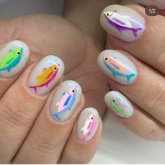 Nails Different Designs Each Finger, Fish Nail Design, Nails Painted Ideas, Fish Nails Designs, Funny Nails Ideas, Ocean Theme Nails, Tropical Nails Design, Beach Theme Nails, Nail Paint Designs