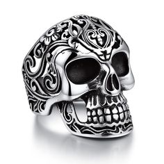 PRICES MAY VARY. 💀 Quality Material 💀: Make with 100% 316L stainless steel, high durability and stability, last color-retention, no Green Finger, smooth inner band, comfortable to wear. 💀 Inspiration 💀: Design concept inspired from Mexican Day of the Dead, and a classic skull image called sugar skull, a skull head with beautiful totem, A symbol of remembering lost loved ones and belive that their spirits will remain with us. 💀 Dimension 💀: Ring height: 30.3mm, width: 20mm, thickness: 2mm, Remembering Lost Loved Ones, Plated Method, Skull Rings For Men, Skeleton Band, Mens Skull Jewelry, Band Rings For Men, Painting Skull, Black Skull Ring, Mens Skull Rings