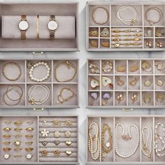 many different types of jewelry are displayed in boxes