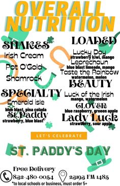 the poster for st paddy's day is shown in orange, green and white