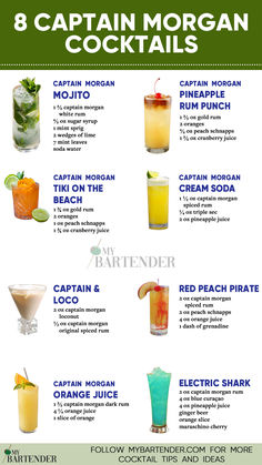 Captain Morgan Cocktails Mixed Drinks With Captain Morgan, Cocktails With Captain Morgan, Captain Morgan Spiced Rum Drinks, Captain Morgan Cocktails, Captain Morgan Drinks, Rum Cocktails Easy, Caribbean Drinks