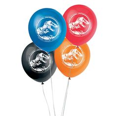 three balloons with different designs on them in the shape of animals and dinosaurs are shown