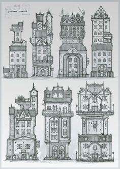 several architectural drawings of different buildings