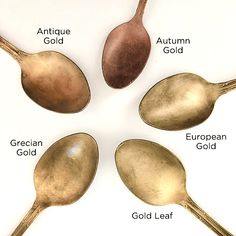 four spoons with different types of gold on them and labeled in the words antique gold