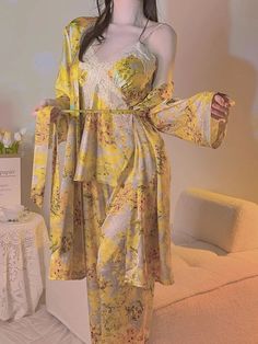 Pajamas Women Aesthetic, Aesthetic Sleepwear, Pretty Pajamas, Robe Pajamas, Lace Pajamas, Sleepwear Women Pajamas, Matching Robes, Comfortable Shorts, Yellow Pants