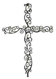 a black and white drawing of a cross with swirly designs on the sides,