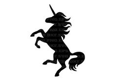 the silhouette of a unicorn is shown in black and white, with its tail extended