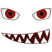 an evil looking face with sharp teeth and big red eyes