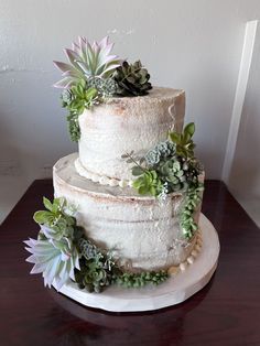 a three tiered wedding cake with succulents on top