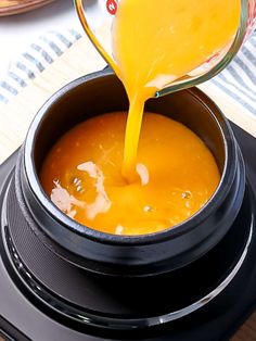 someone pouring orange juice into a pot on top of an electric stove with the lid open