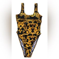 Nwot Never Worn Beautiful Baroque Gold Print High Waisted One-Piece Swimsuit. Order Comes With Bathing Suit Only. Elegant Fitted Printed Swimwear, Elegant Gold Bodysuit For Summer, Elegant Gold Swimwear, Gold Fitted Bodysuit For Beachwear, Fitted Gold Bodysuit For Beach, Gold Fitted One-piece Swimwear, Fitted Sleeveless Gold Swimwear, Gold Fitted Sleeveless Swimwear, Fitted Gold Sleeveless Swimwear