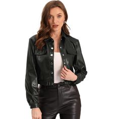 Long sleeves have adjustable button cuffs for a desired look and comfortability. This faux leather jacket is streamlined and features a turnover collar. It is gently gathered at the cuffs and hem. You can create an edgy-cool look with the faux-leather cropped jacket. Suitable for spring/ autumn/ winter and for many occasions, such as party, club, gifts, fancy night out, motorcycle riding, music festival, casual daily, work and so on. Pair it with casual T-shirts and jeans or stylish dresses and Solid Color Long Sleeve Faux Leather Jacket, Fitted Faux Leather Jacket With Buttons, Trendy Fitted Leather Jacket With Button Closure, Faux Leather Jacket For Fall, Collared Leather Jacket For Fall, Solid Faux Leather Outerwear With Button Closure, Trendy Fitted Leather Jacket With Buttons, Trendy Winter Leather Jacket With Button Closure, Trendy Leather Jacket With Button Closure For Winter