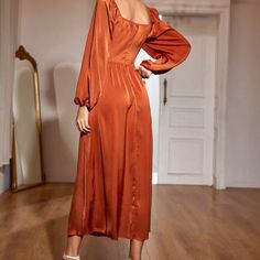 Long Sleeve Chic Square Neck Maxi Dress For Fall, Solid Color Maxi Dress For Fall Brunch, Solid Maxi Dress For Fall Brunch, Elegant Square Neck Maxi Dress For Fall, Orange Satin Dress, Cocktail Dresses Maxi, 70s Orange, Dresses Shein, Womens Trendy Dresses