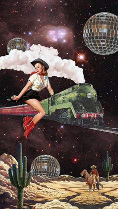 a woman is flying through the air in front of some disco balls and a train