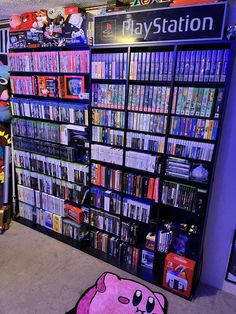 there is a video game store with many games on the shelves and an animal rug