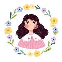 a drawing of a girl in a wreath with flowers around her and the words i love you