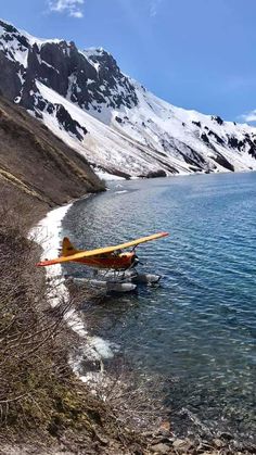 an airplane sitting on top of a lake next to snow covered mountains and trees in the foreground