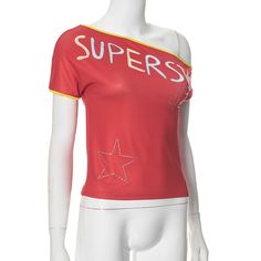 Red Superstar One Shoulder Top | Yuqi - (G)I-DLE Red S Y2k Sports Tops For Spring, Y2k Style Sports Tops For Spring, Red Stretch Top With Graphic Print, Red Stretch Tops With Graphic Print, Trendy Red T-shirt For Sports, Red Stretch T-shirt For Streetwear, Red Tops With Letter Print For Sports Season, Red Stretch T-shirt For Sports, Red Stretch Sports T-shirt