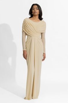 Beige plain dress with pleated drape on bodice and waistline. - Aza Fashions Beige Plain, Plain Dress, Draped Dress, Dress For Women, Women Dresses, Dress Pattern, Aza Fashion, Dresses Maxi, Bodice