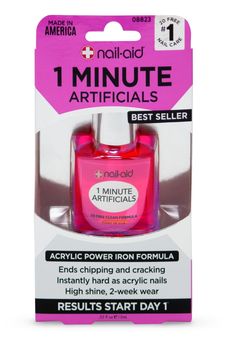 Nail-Aid 1 Minute Artificials - Nail Treatment, Clear, 0.55 Fl Oz Features NAIL STRENGTHENER: A powerful treatment with an incredible hard iron formula to make soft, weak nails look and feel like hard acrylics. IRON STRENGTH: Added strengthening iron rebuilds dense layers for strongest nails, instantly sealing chipping & cracking nails QUICK DRY: Dries quickly to an ultra-hard finish so you can go about your day without fear of ruining your manicure. HIGH SHINE: 1 Minute Artificials can be used Nail Aid, Nails Vintage, America Nails, Nail Hardener, Powder Nail Polish, Weak Nails, Hard Nails, Soft Nails, Nail Strengthener