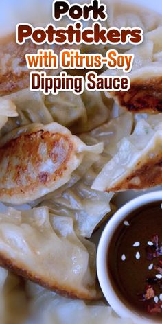 pork potstickers with citrus - soy dipping sauce on a plate, ready to be eaten